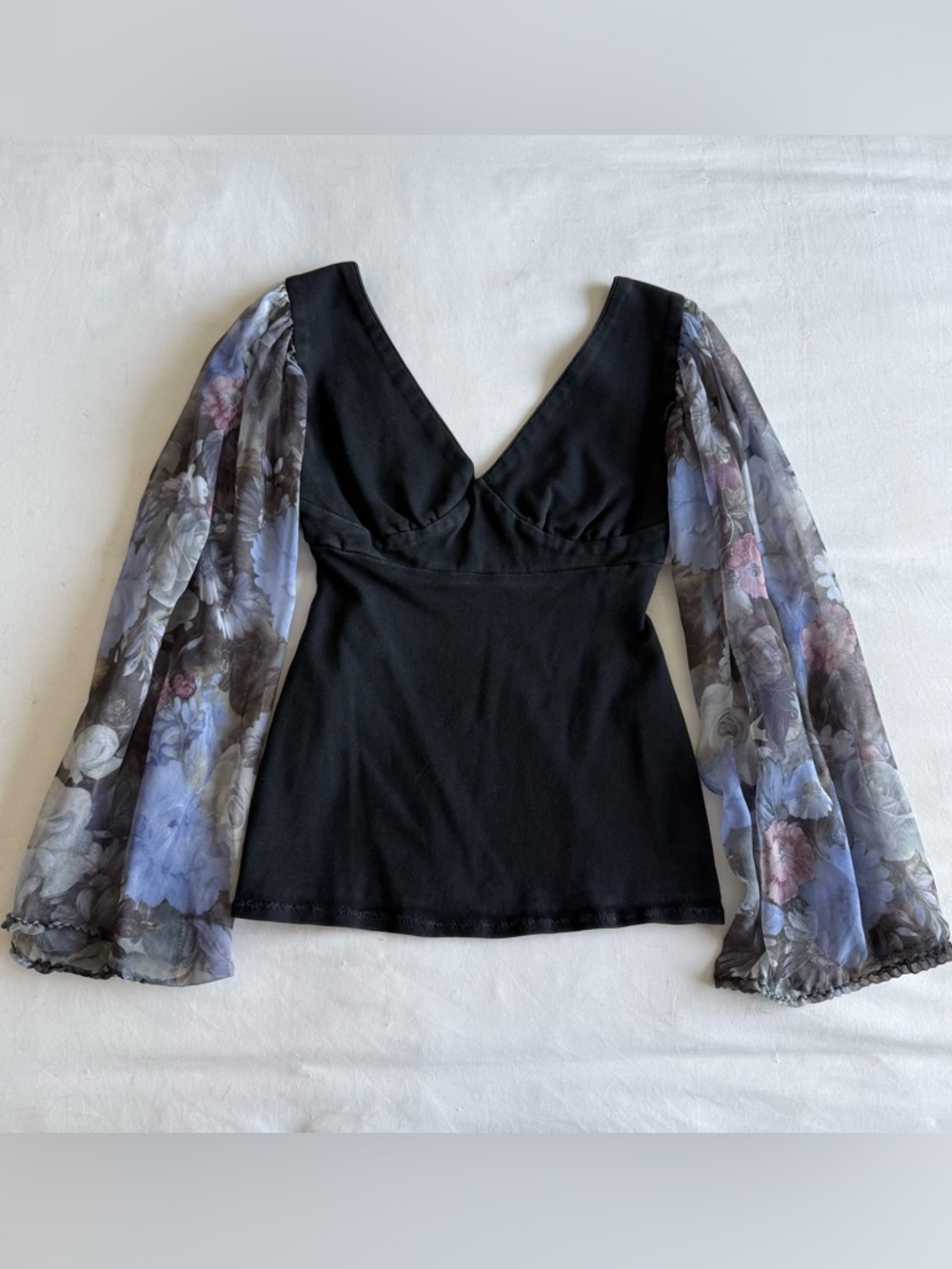 Handmade Black Floral Bell Sleeve Top